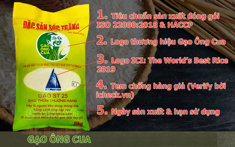 [Chính hãng] Gạo ST25 Lúa Tôm - Hiệu ông Cua có mã QR (Túi 5kg)