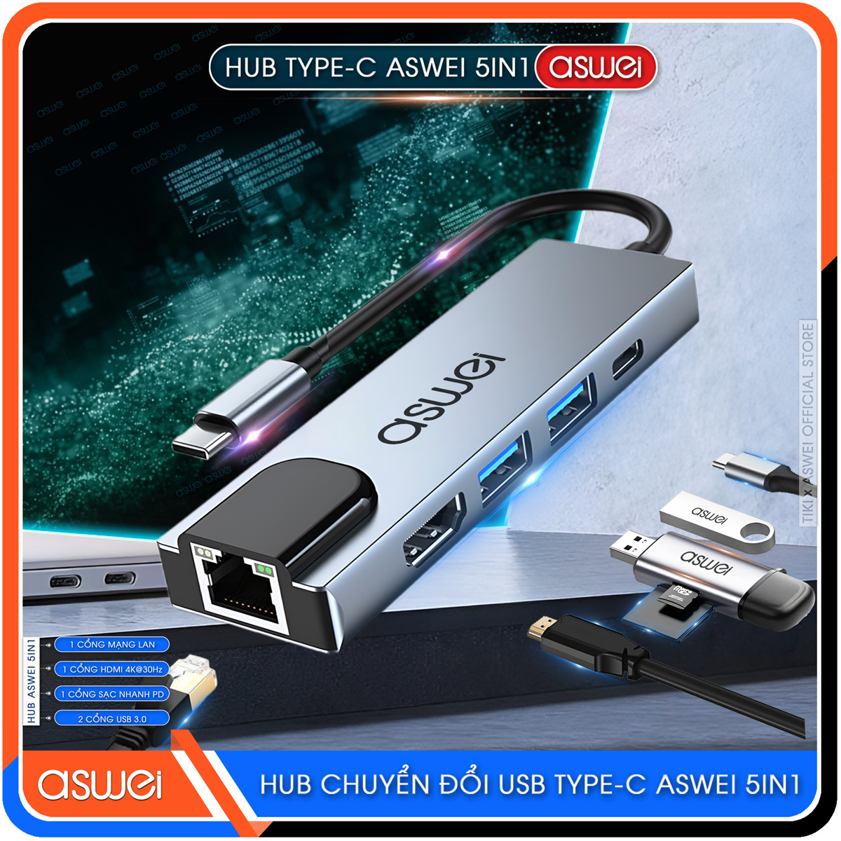 Hub Chuyển Đổi USB Type C ASWEI 5 in 1 - HDMI, USB 3.0, Lan, PD 100W Tốc Độ Cao - Hàng Chính Hãng