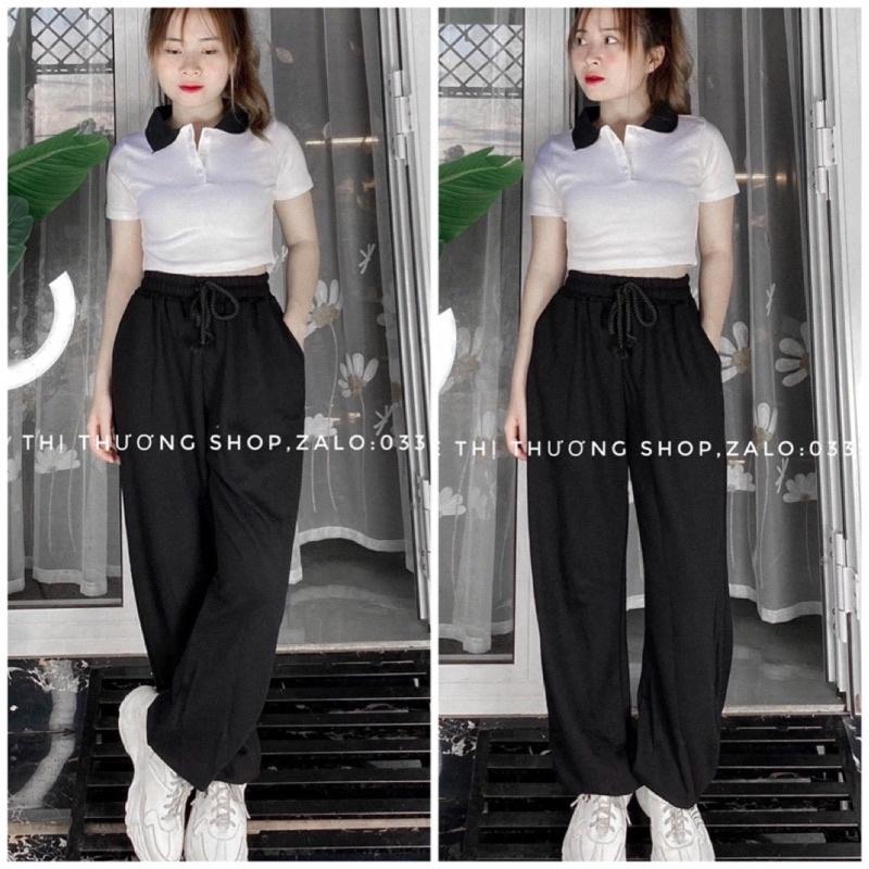 Set Bộ Áo Croptop Cổ Đức + Quần Bom Ống Rộng Nữ  Bộ Đồ Quần Ống Suông Đen Bo Gấu Kèm Áo Phông PoLo HOT HIT