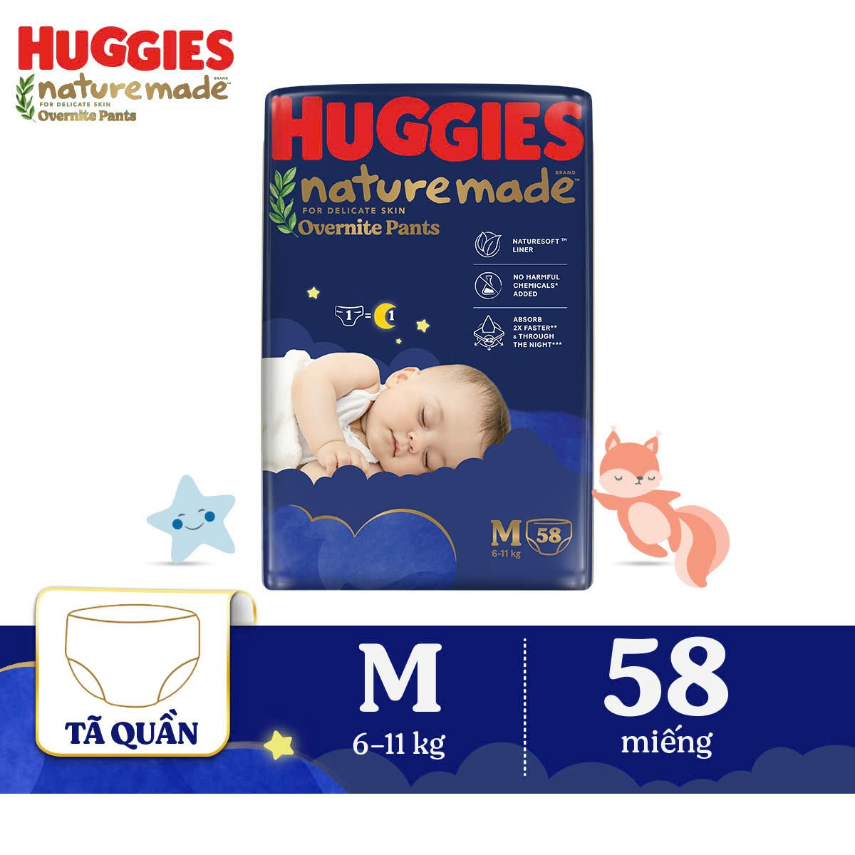 Tã quần Huggies Naturemade ban đêm M 58 miếng