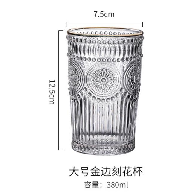 Cốc thủy tinh . cốc thủy tinh viền vàng vân họa tiết mặt trời, chịu nhiệt