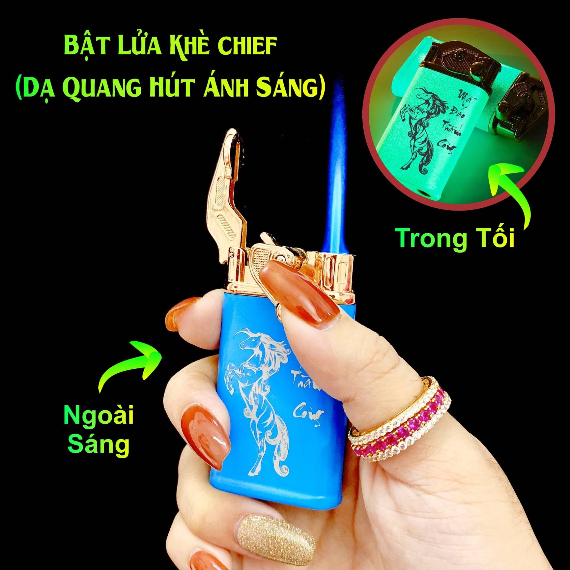 Hộp quẹt bật lửa khè Chief búng tay đánh lửa dạ quang hút ánh sáng hình mã đáo thành công - (xài gas)