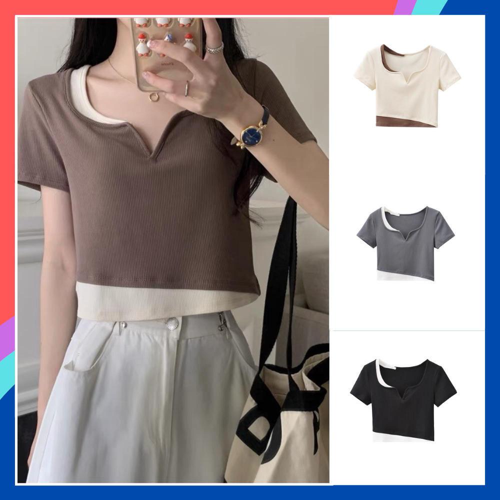 Áo croptop nữ ngắn tay phối màu độc đáo chất liệu len tăm thấm hút mồ hôi tốt áo croptop cổ v cách điệu phù hợp đi chơi