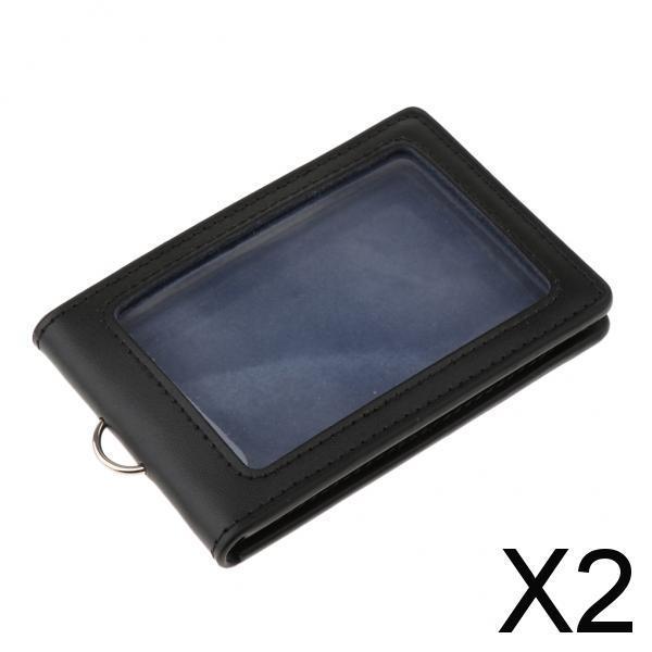2xPU Leather Double Cards Vertical Style ID Business Badge Black