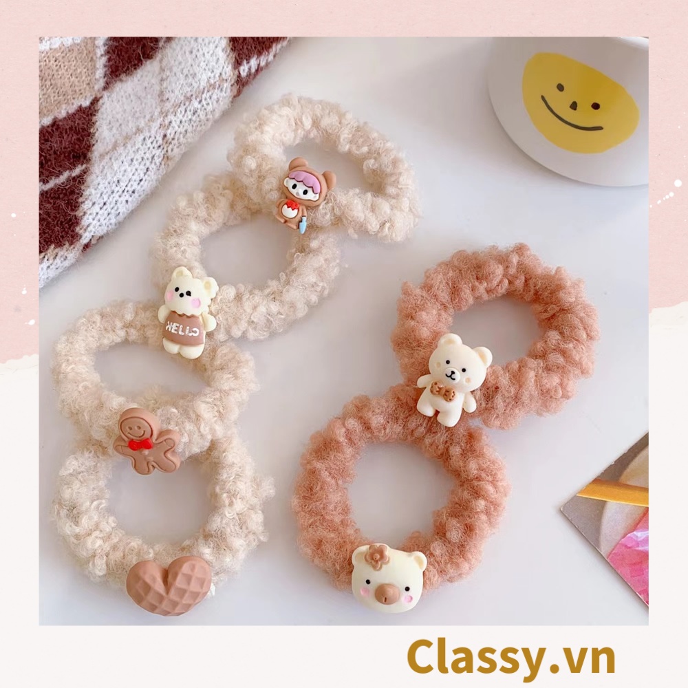 Dây cột tóc Classy gắn họa tiết hoạt hình 3D cute trơn màu chất liệu lông bền chắc PK743