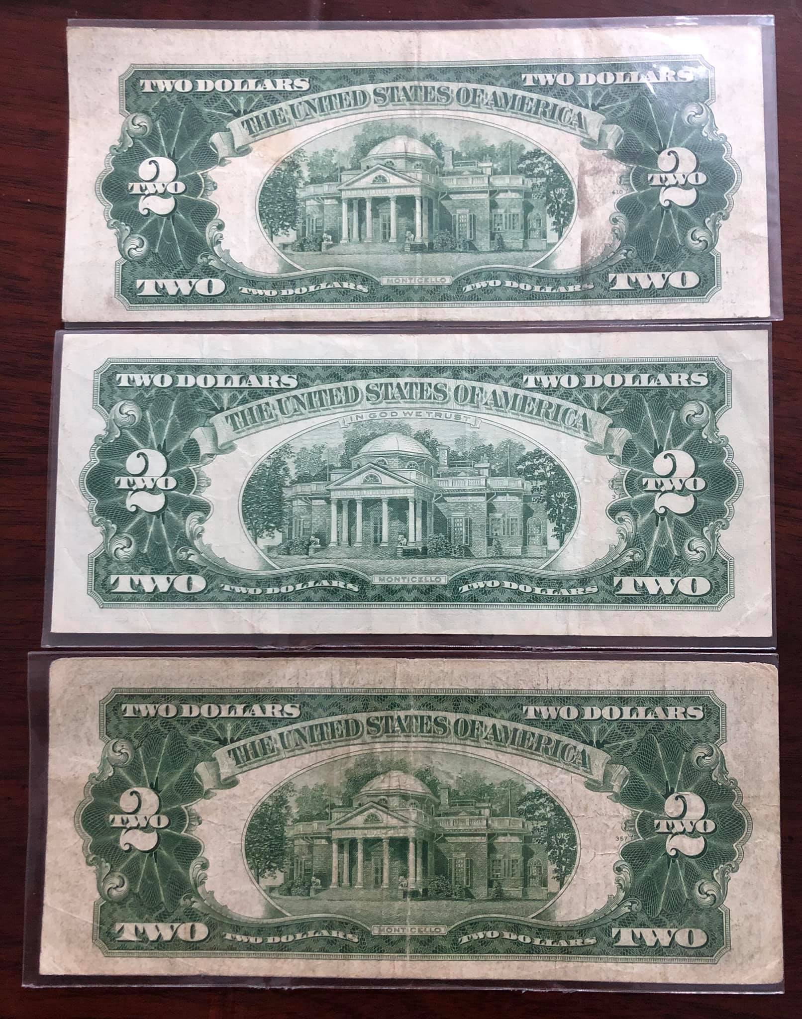 Combo 3 tờ 2 USD 1928, 1953, 1963, mộc đỏ sưu tầm