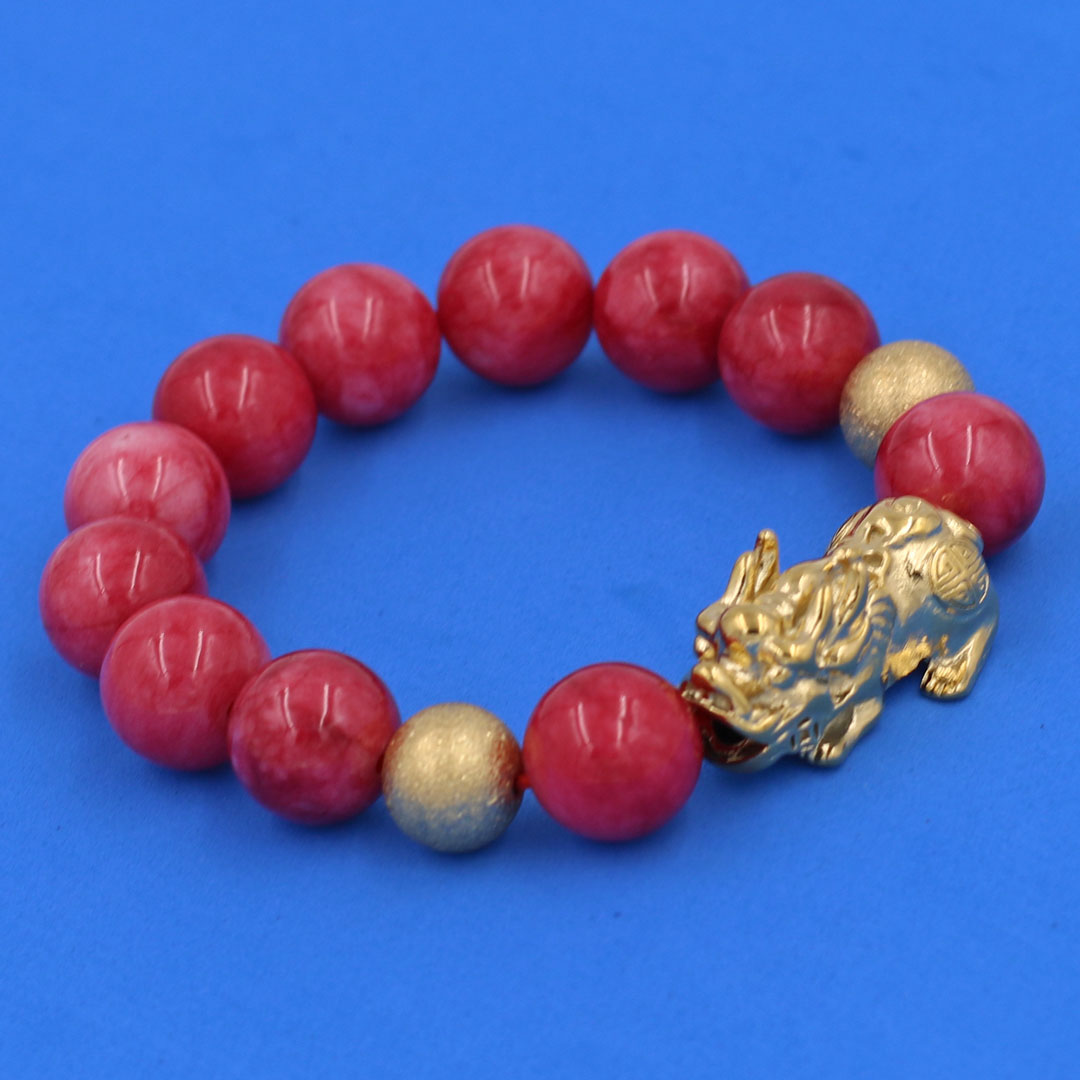 Vòng chuỗi đeo tay đá hồng ngọc 14 ly  charm tỳ hưu và bi inox vàng, vòng tay chuỗi hạt