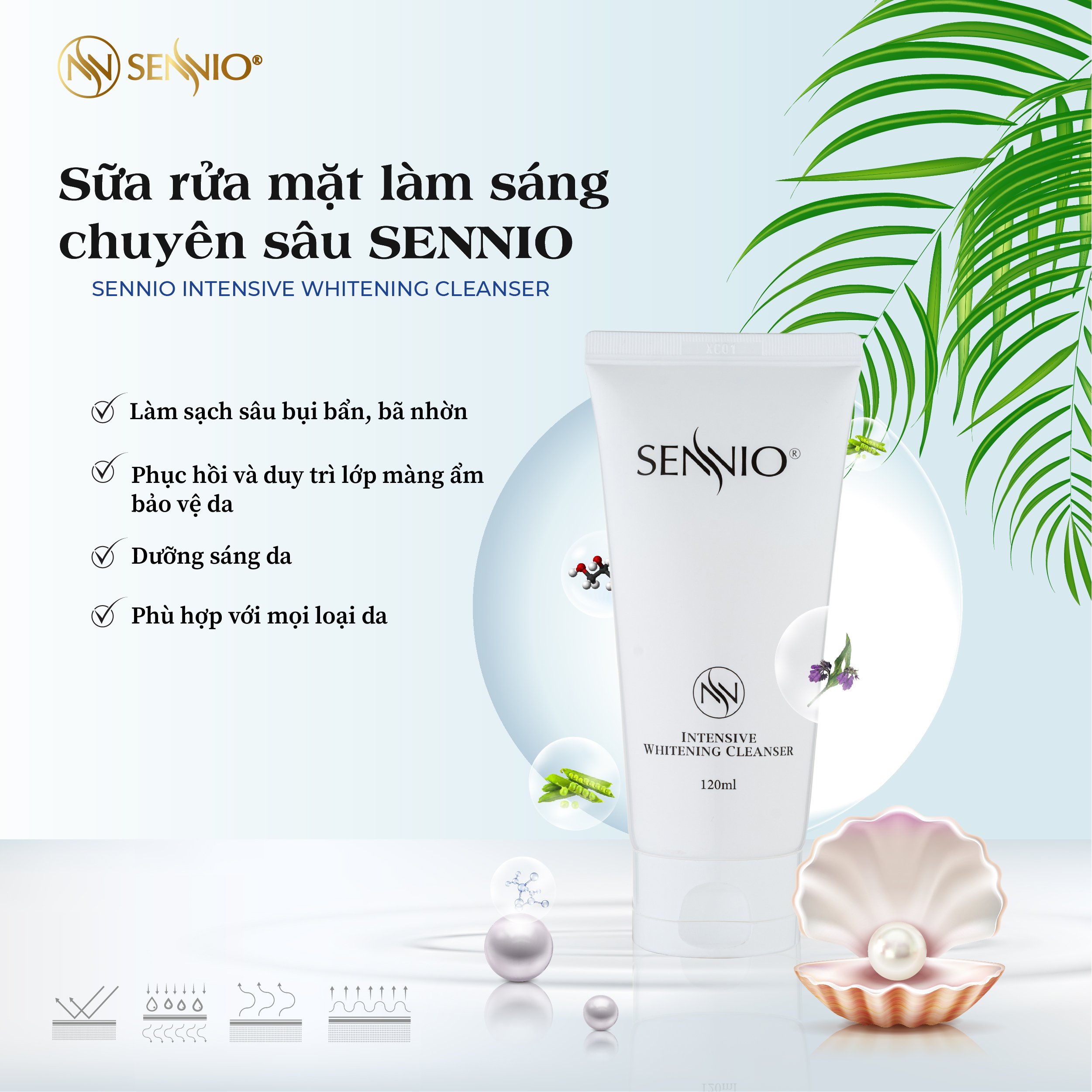 Sữa rửa mặt dưỡng trắng da Sennio Intensive Whitening Cleanser tạo bọt cấp ẩm phù hợp cho da nhạy cảm 120ml SNO 601