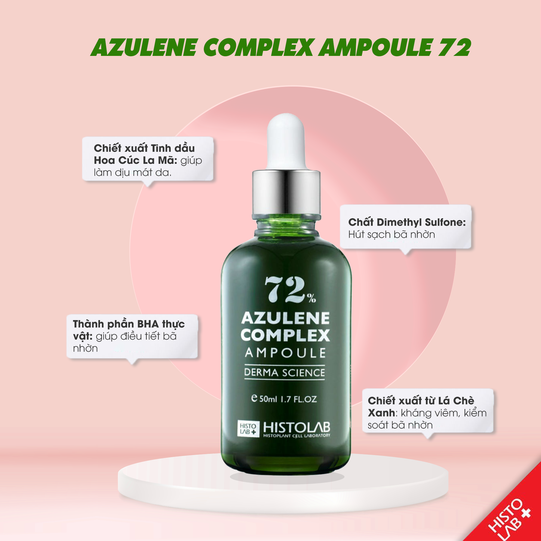 Tinh Chất Hỗ Trợ Giảm Mụn, Điều Tiết Bã Nhờn Histolab 72% Azulene Complex Ampoule Derma Science 50ml