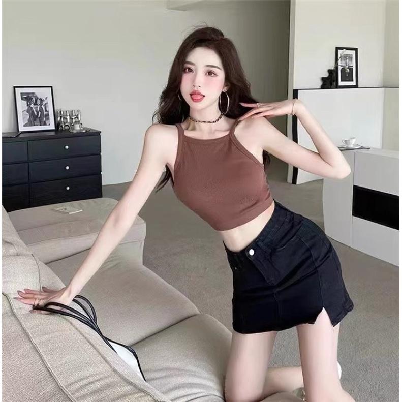 Áo yếm hai dây lệch ôm body dệt kim có đệm mút Quảng Châu cao cấp