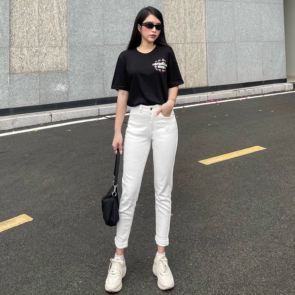 Quần jean nữ boyfriend baggy trơn dài đen và trắng co giãn HQJEANS