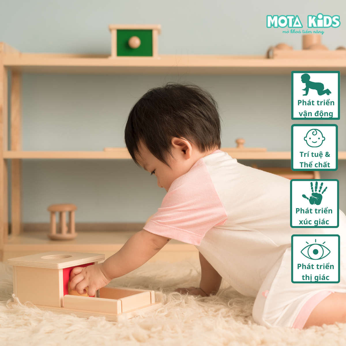 Đồ chơi hộp thả khối cầu cho bé 6-9 tháng Montessori Mota- Khơi gợi tò mò- Kích thích thính giác - Hàng chính hãng