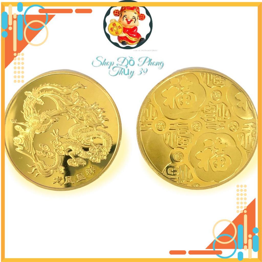 Đồng Xu Hình Long Phụng Xum Vầy Mạ Vàng 24K Phong Thủy May Mắn