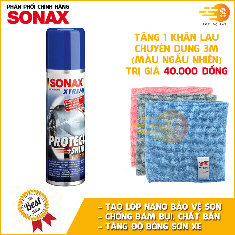 Chai xịt phủ bóng nano bảo vệ sơn xe Protect Shine Xtreme Sonax 222100 210ml tặng kèm 1 khăn 3M KL3030 - chống bám bụi, tăng độ bóng sơn xe, tác dụng lâu dài