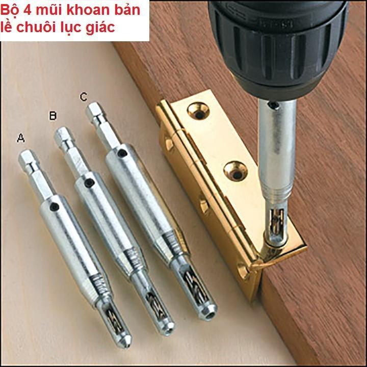 Bộ 4 mũi khoan bản lề định tâm chuôi lục giác