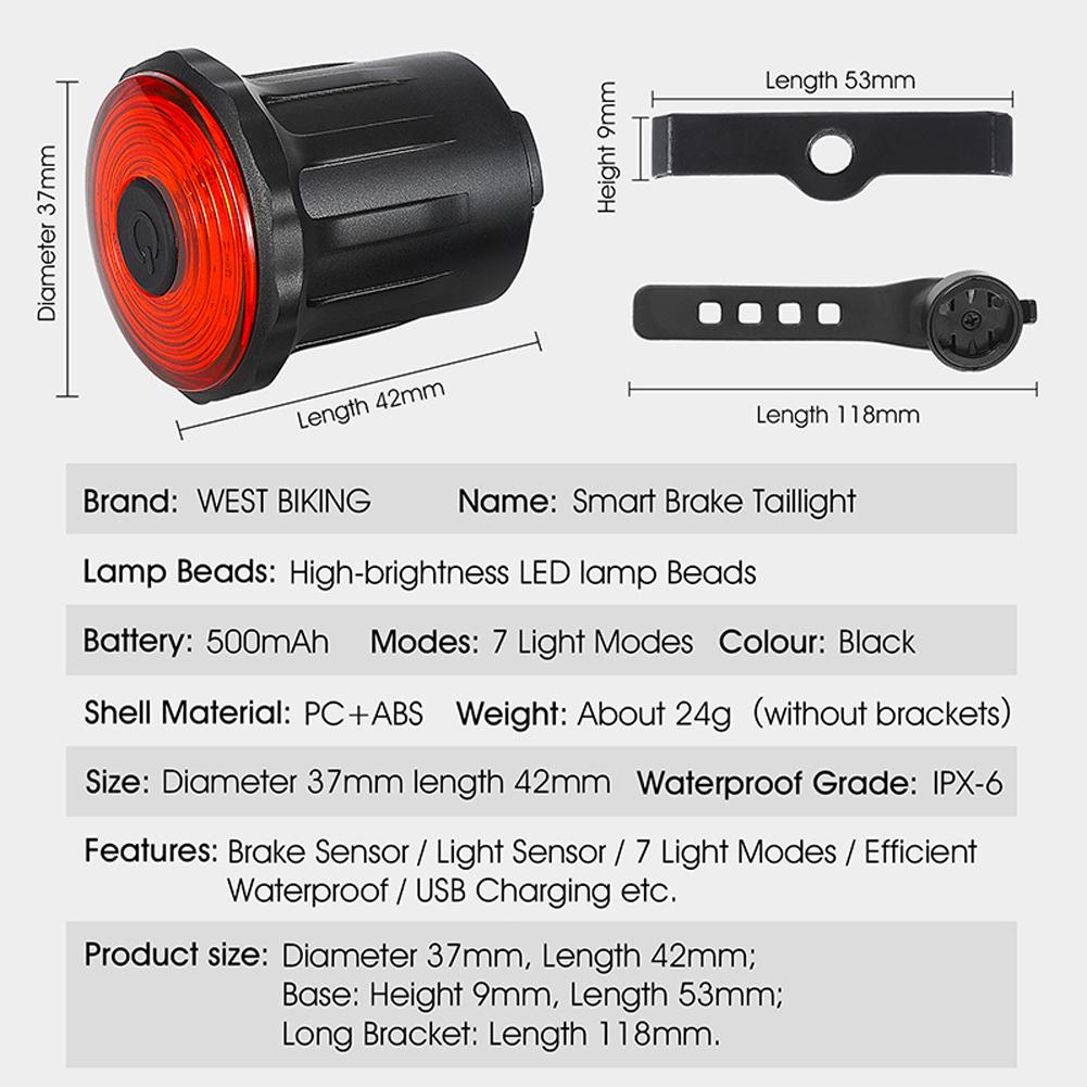 Đèn hậu Cảm biến ánh sáng thông minh WEST BIKING MTB có 7 chế độ Điều chỉnh đường, có thể sạc lại USB