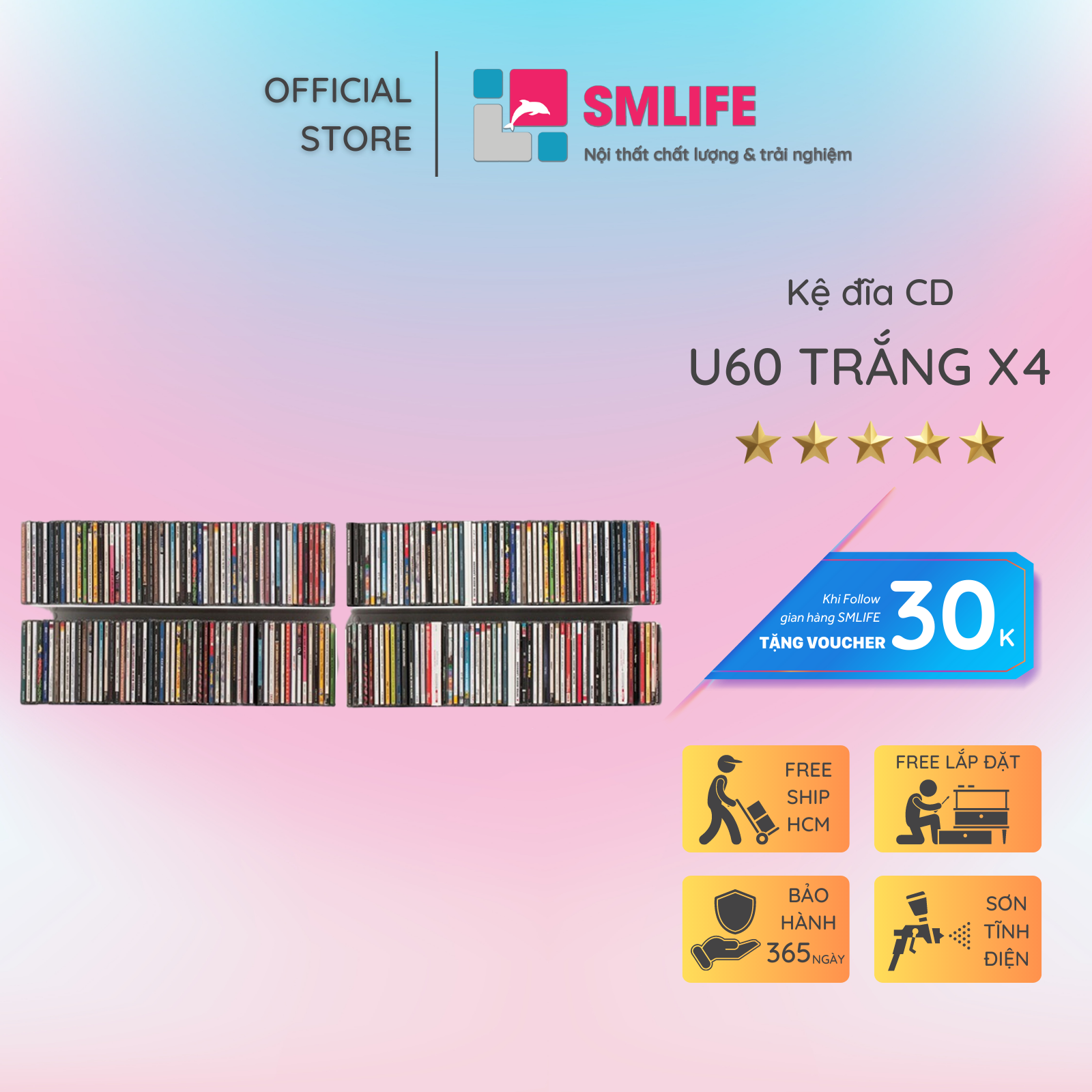 Combo 4 Kệ Sách Treo Tường Smlife Chữ U60 ( 60 x 15 x 15 cm) - Đen