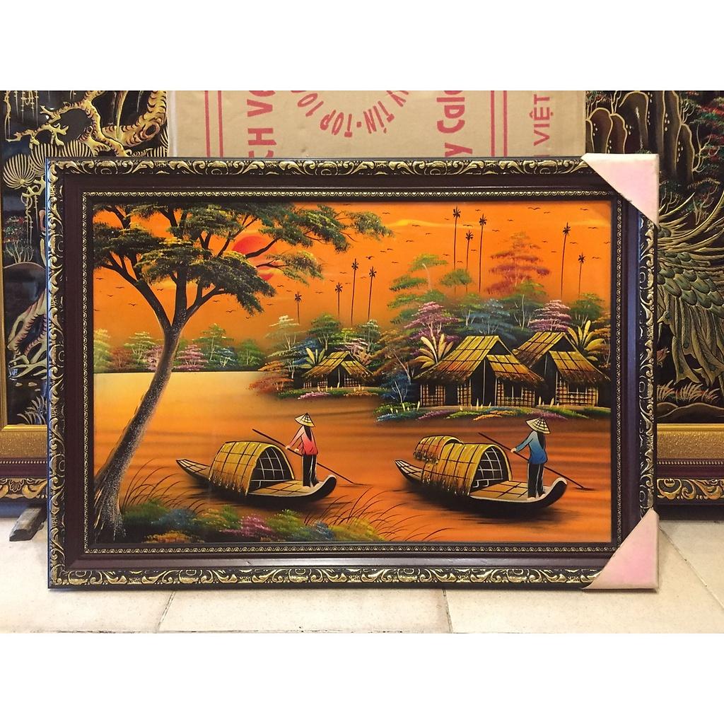 Tranh sơn mài cao cấp Đồng Quê Thanh Bình Lê kèm khung size 48x68 cm treo tường, trang trí nhà cửa, văn phòng, quà tặng