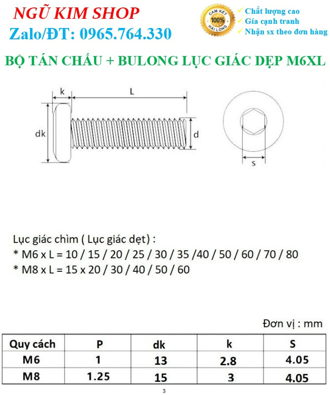 TÁN CHẤU KÈM BULONG LỤC GIÁC DẸP M6 x L THEO BỘ