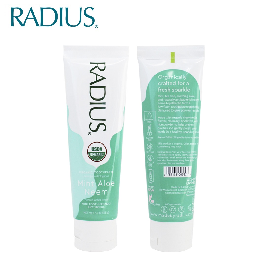 Kem Đánh Răng Hữu Cơ Vị Bạc Hà Lô Hội 85g Radius USDA Organic Mint Aloe Neem Toothpaste