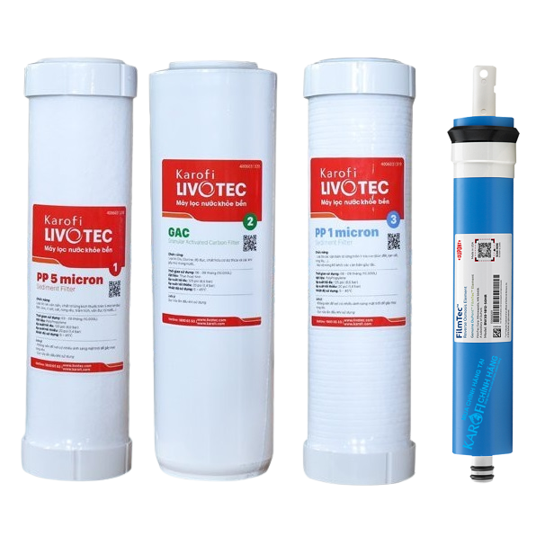 Combo Bộ 4 Lõi Lọc Nước Karofi Livotec 1,2,3 + Màng RO DUPONT FILMTEC  - Hàng Chính Hãng