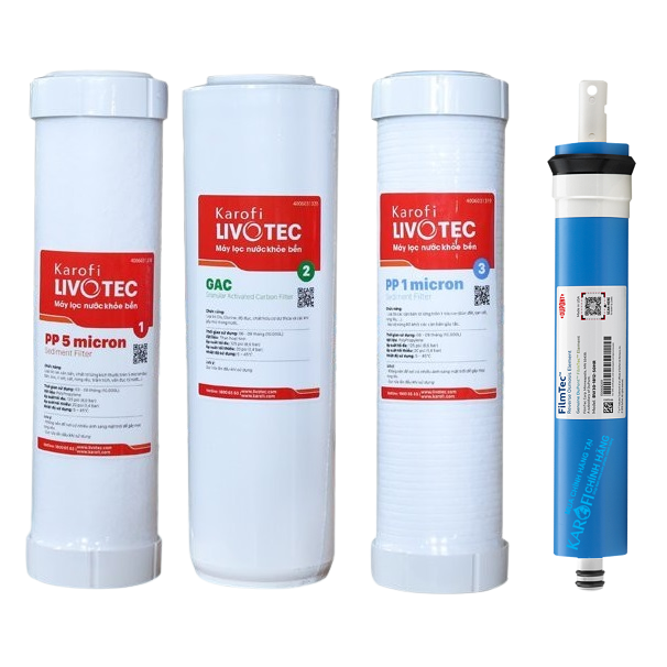 Combo Bộ 4 Lõi Lọc Nước Karofi Livotec 1,2,3 + Màng RO DUPONT FILMTEC (Lõi Số 4) - Hàng Chính Hãng