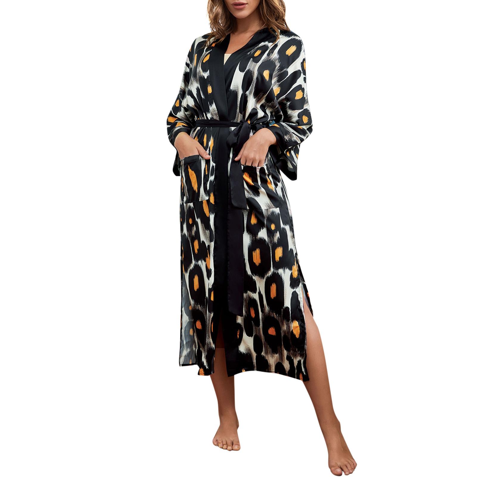 Women Nightgown Dot Pattern Waist Belt Pockets Soft Elastic Long Bathrobe Kimono Sleepwear