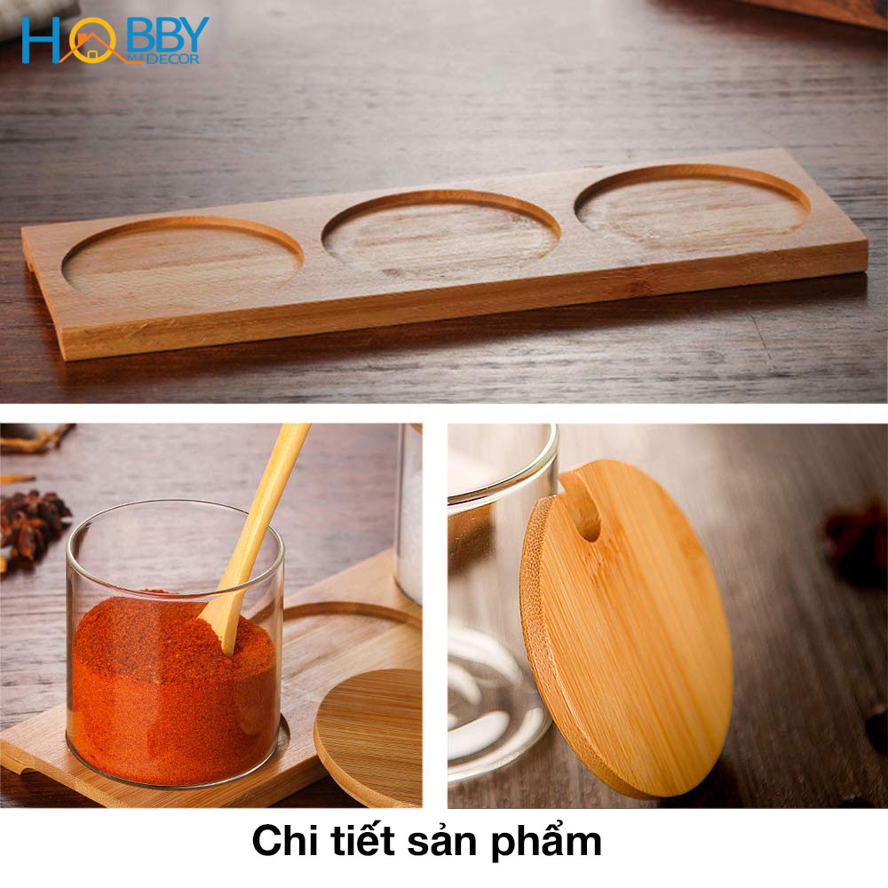 Bộ 3 hũ thủy tinh nắp gỗ đựng gia vị có nắp muỗng Hobby Home Decor VTD