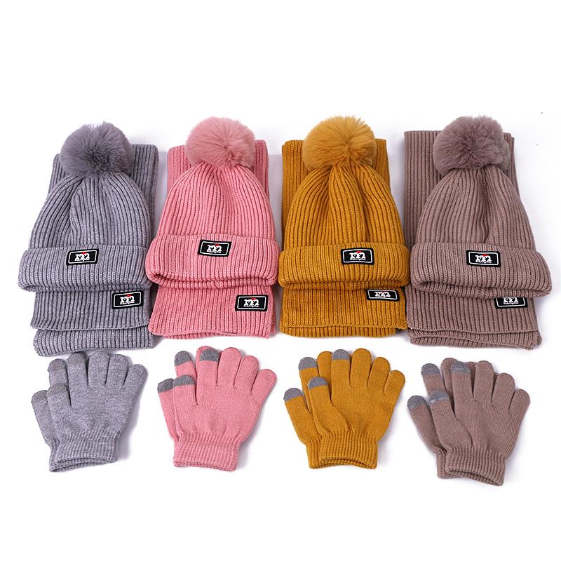 3 Mảnh Khăn Mũ Bộ Bé Gái Trẻ Em PomPon Beanies Dệt Kim Skullies Nón Trẻ Em Giữ Ấm Mùa Đông Len Croptop Mũ Lưỡi Trai unisex