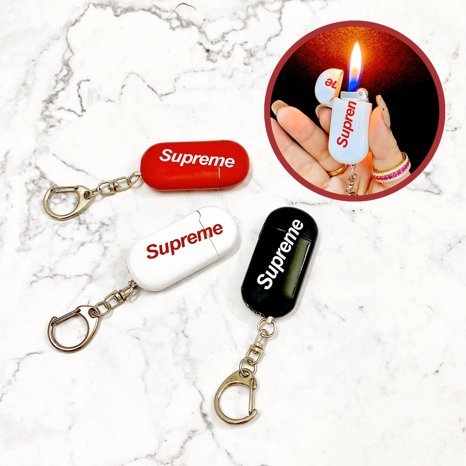Bật lửa móc khóa gas đá rảnh tay SUPREME mini dễ thương - xài gas