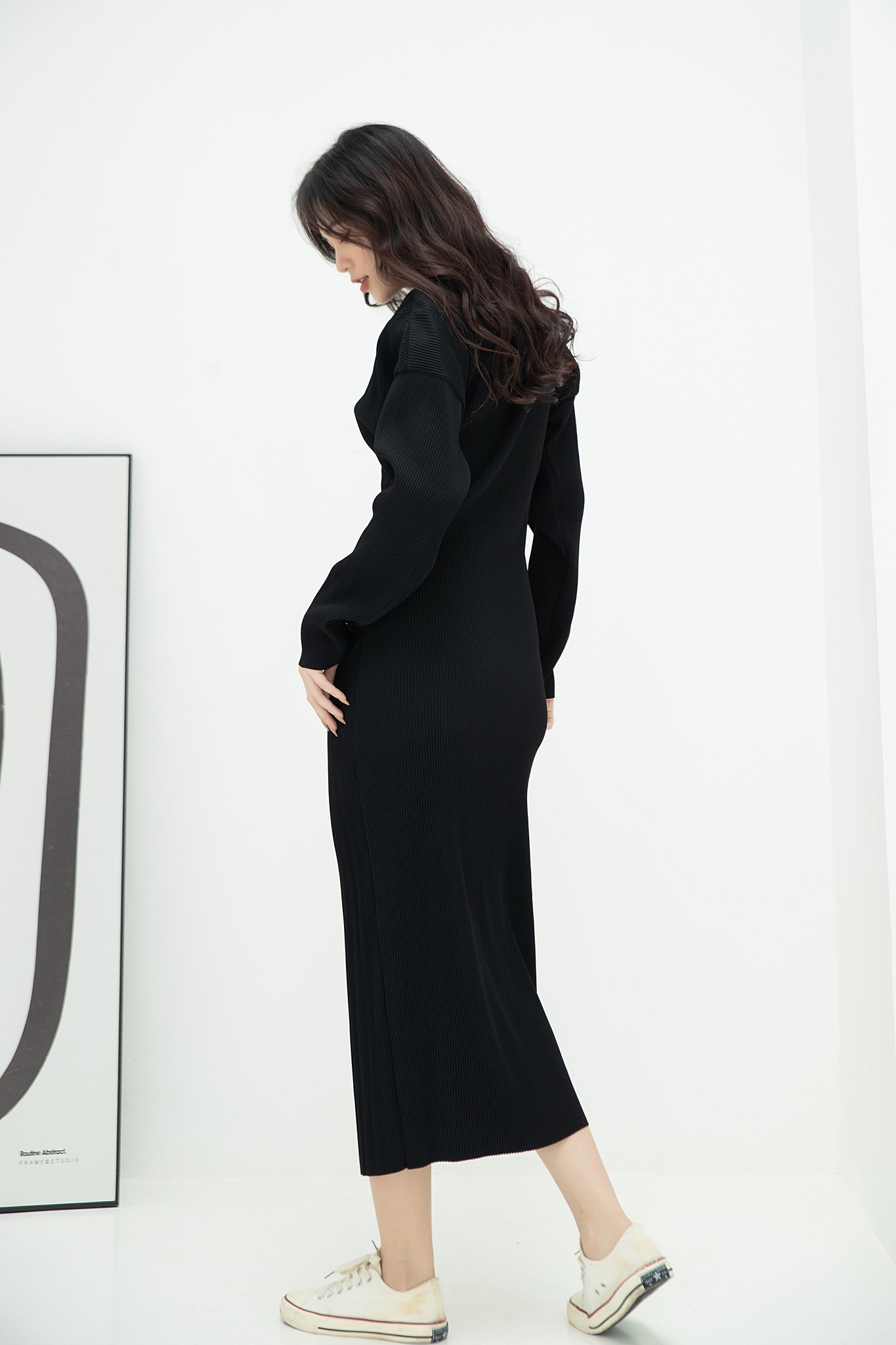 Đầm thun gân đen NGADO , đầm thun nữ , đầm midi , đầm dạo phố