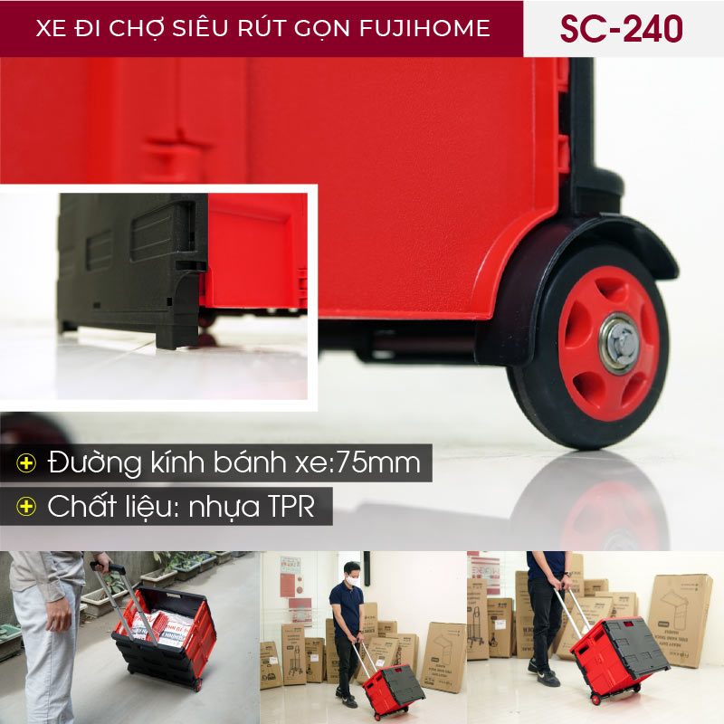 Xe kéo hàng đi chợ rút gọn FUJIHOME SC-240 tải trọng 35-40kg, Công nghệ Nhật Bản