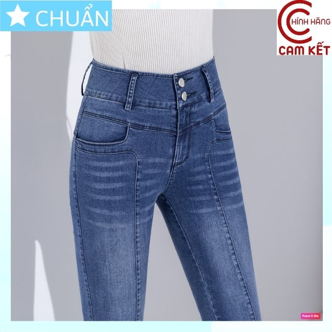 Quần jean nữ ống ôm QRO89 ROSATA tại BCASHOP dáng dài, lưng cao 2 nút, phom chuẩn phối sọc ngang, chất liệu jean cao cấp - màu xanh