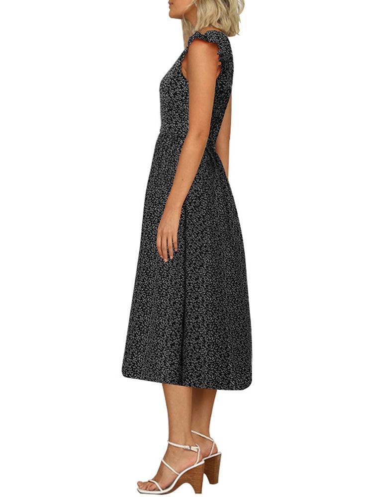 Fashion Women Floral Print Dress Ruffles Cap Sleeves Elastic Back Bohemian Holiday Beach Dress Casual Midi Dress