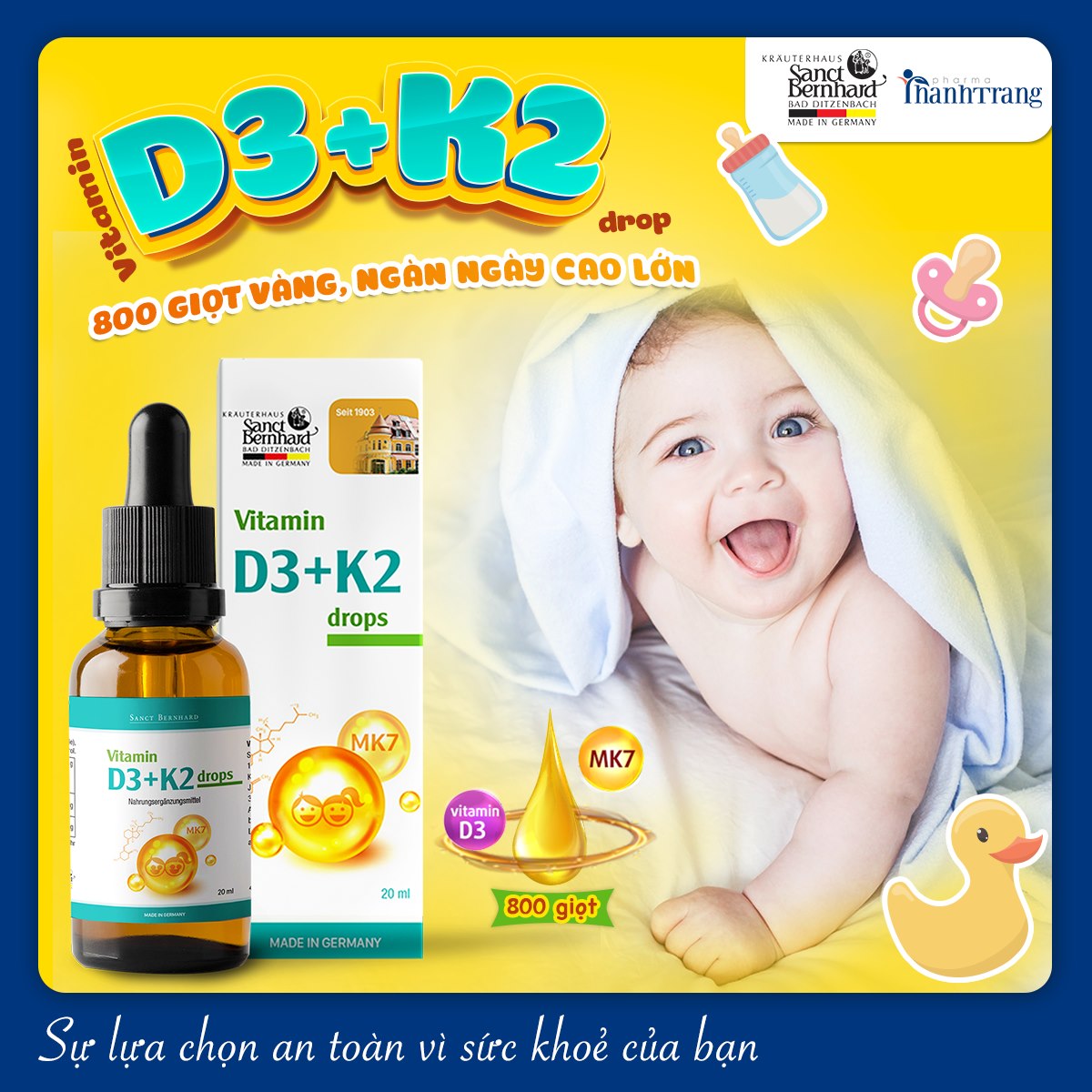 Vitamin D3 K2 MK7 Drops Sanct Bernhard tăng chiều cao, bổ sung canxi giúp xương răng chắc khỏe, bé ngủ ngon (Hộp 10ml)