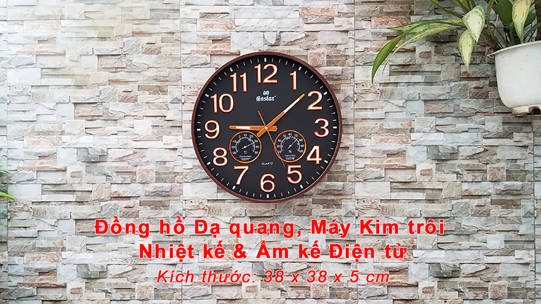 Đồng Hồ Treo Tường DECOR Trang Trí Nhà Hình Tròn Viền Mỏng 38cm EASTAR - Bộ Kim Số DẠ QUANG và NHIỆT ẨM KẾ TỰ ĐỘNG - Tặng Pin Maxell