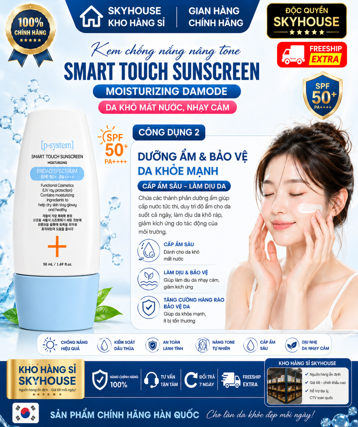 Kem chống nắng nâng tone SMART TOUCH SUNCREEN MOISTURIZING DAMODE chai 50ml da khô mất nước nhạy cảm chính hãng Hàn Quốc