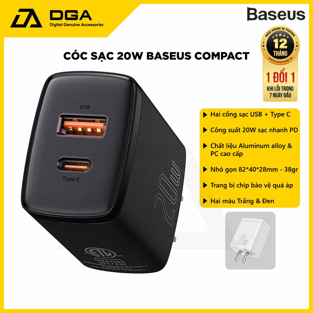 Cóc sạc nhanh siêu nhỏ gọn Baseus Compact Quick Charger 20W - Hàng chính hãng