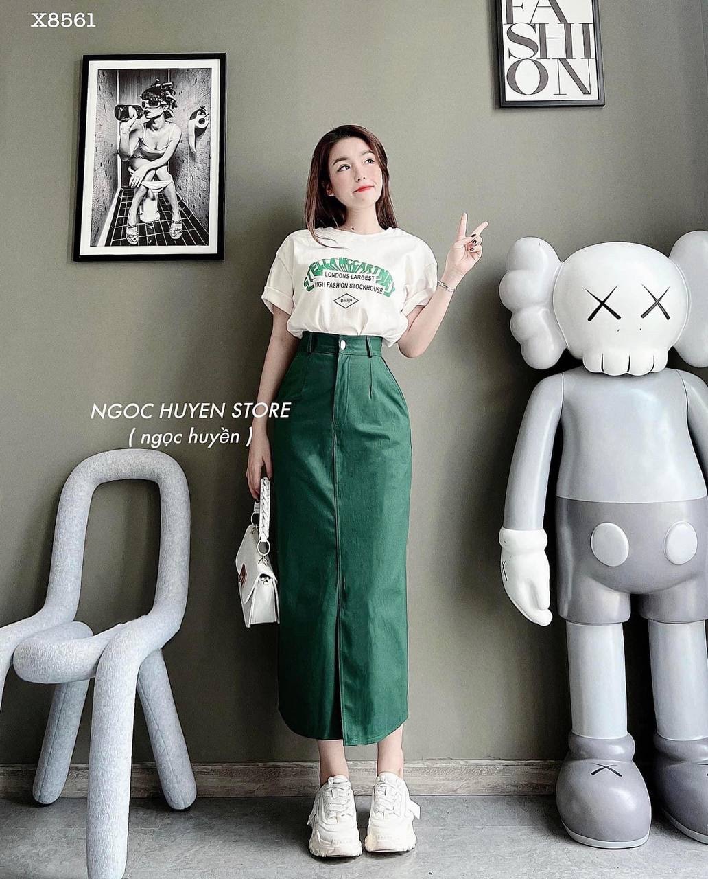 SET CHÂN VÁY DÀI LƯNG CAO SUÔNG TRƠN XẺ TRƯỚC XANH LÁ + ÁO THUN FORM RỘNG ĐI BIỂN DẠO PHỐ DỰ TIỆC
