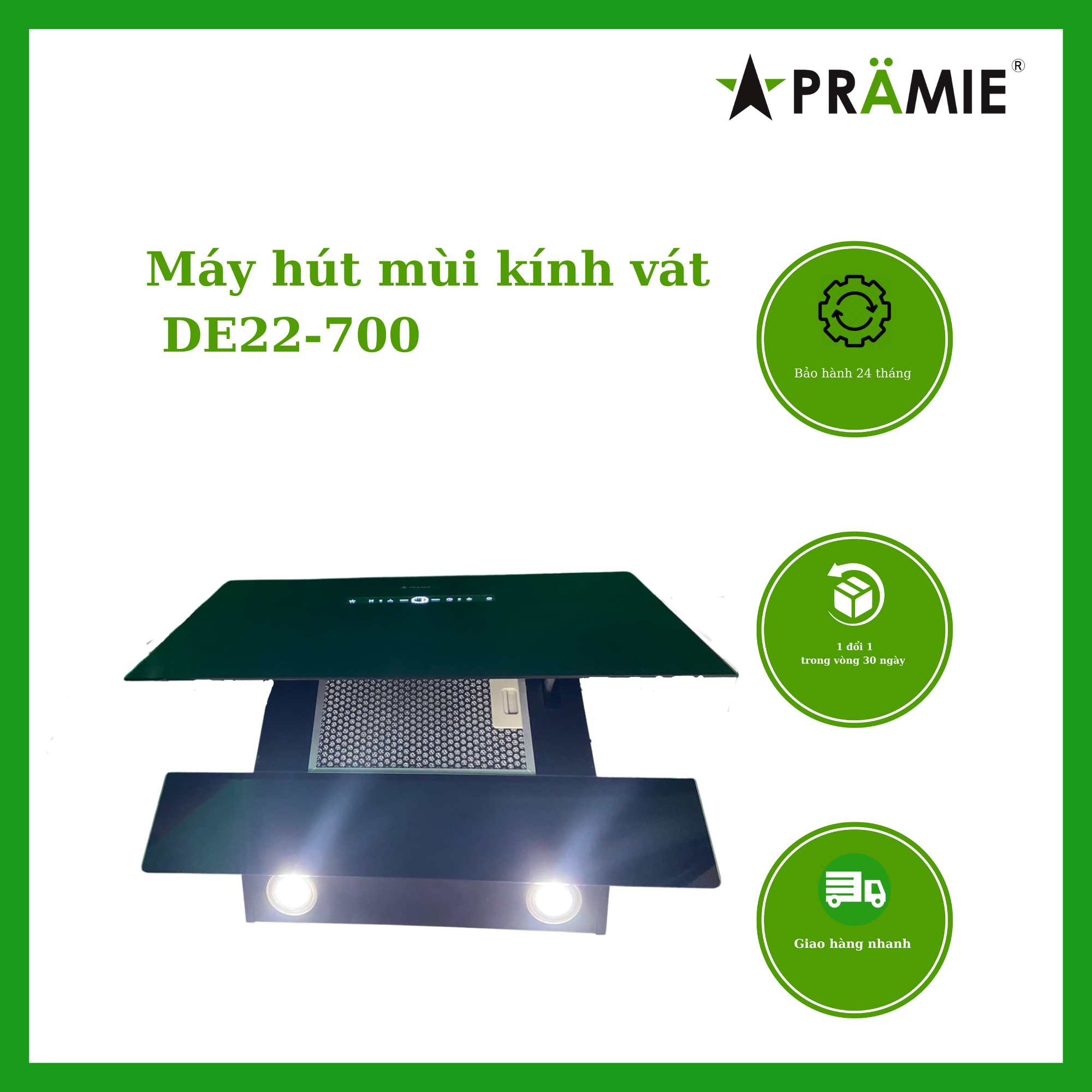 Hút mùi kính vát 70cm  Pramie DE22-700_Vẫy tay_Hàng nhập khẩu Malaysia