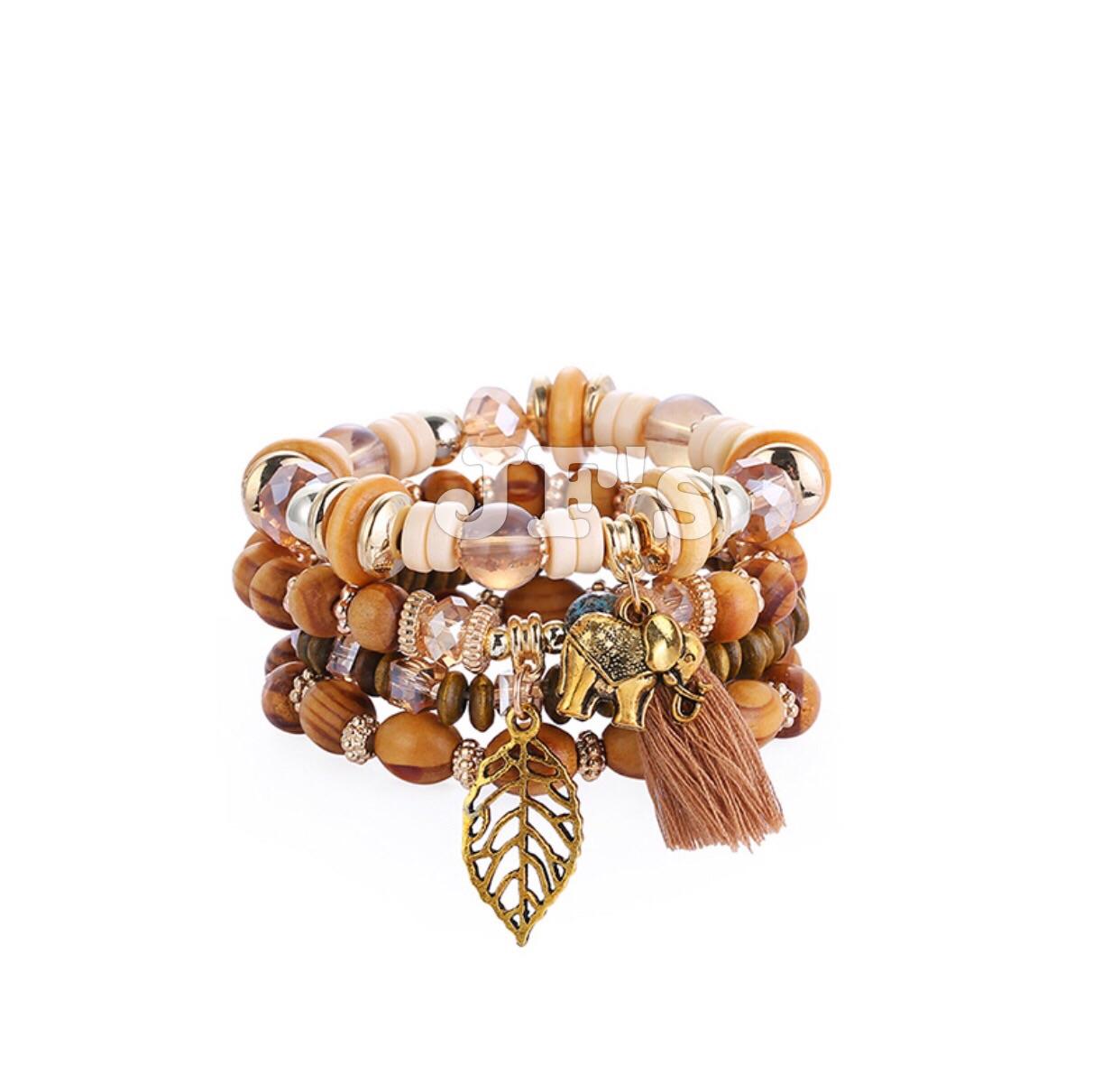 Vòng tay vintage mặt lá dây tua voi, phong cách dân tộc quyến rũ cổ điển, vòng tay cườm dây đàn hồi