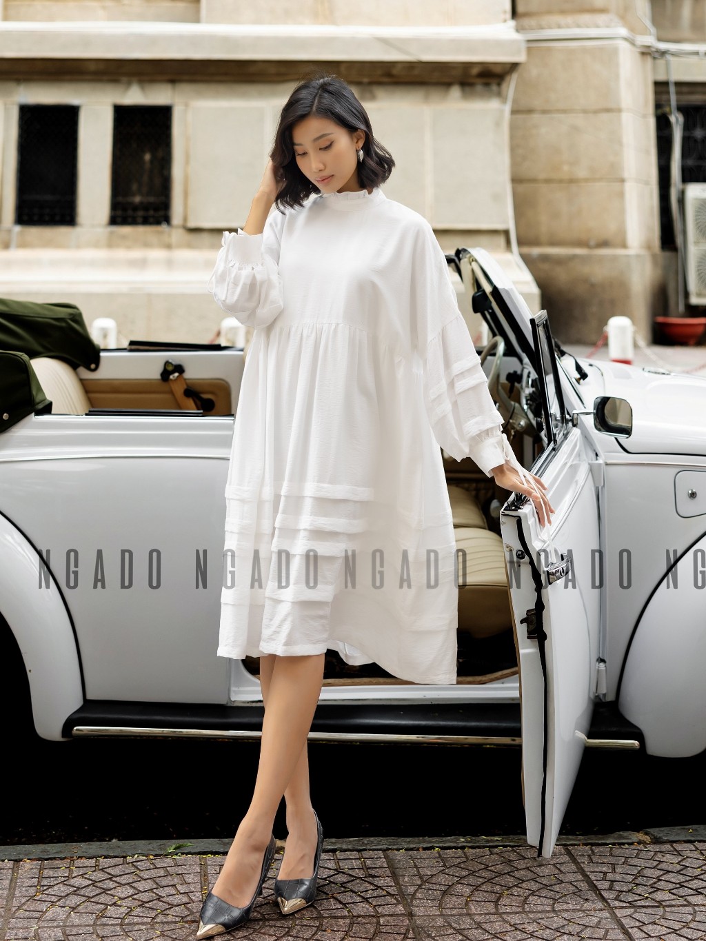 Đầm babydoll trắng dài tay NGADO, Đầm form rộng dáng xòe phối ren dễ thương, Đầm suông, Đầm đũi vintage