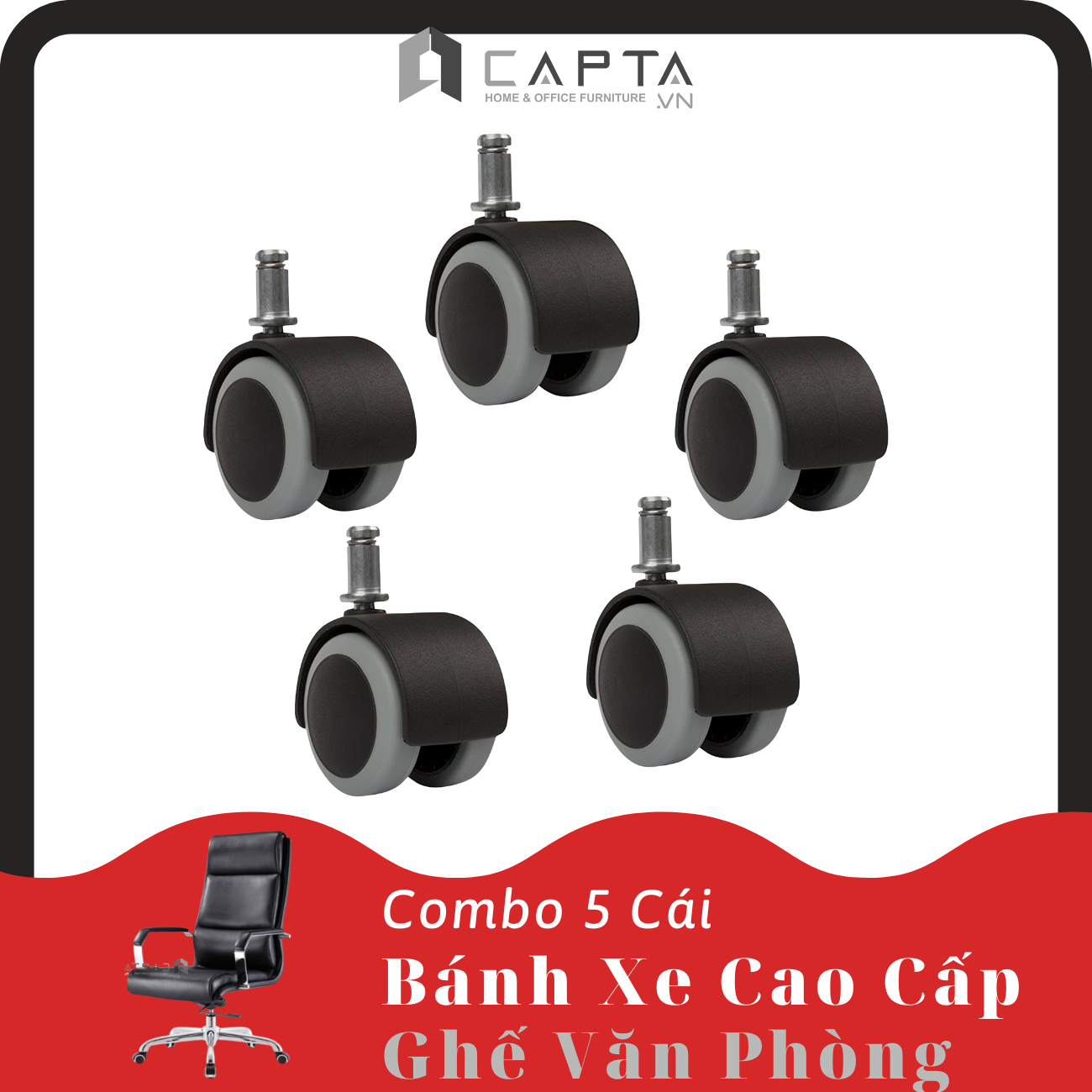 Combo bộ 5 bánh xe nhựa PU cao cấp dành cho ghế công thái học, ghế giám đốc, ghế trưởng phòng, ghế chơi game (Có bán lẻ)