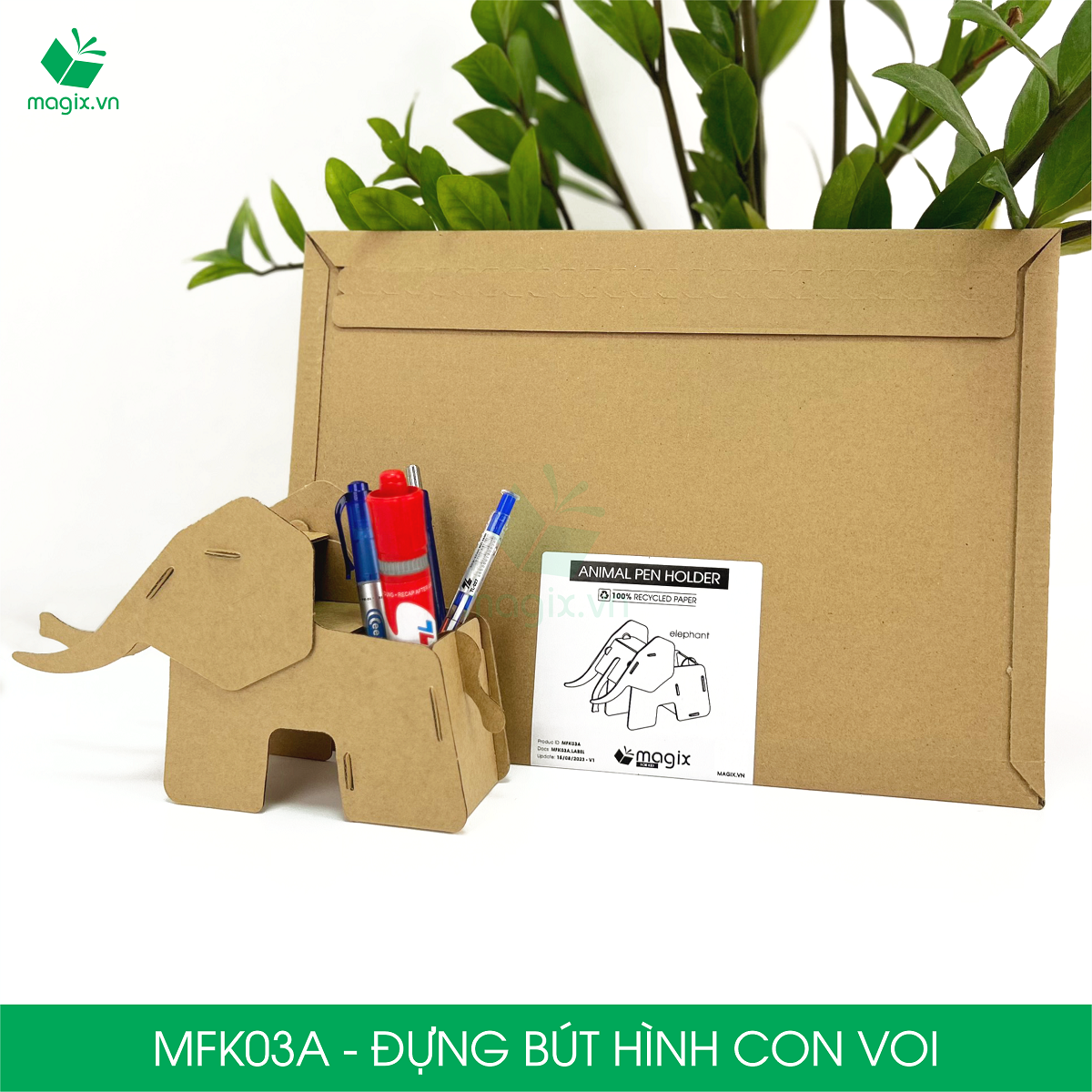 MFK03A - Đựng bút lắp ráp hình con voi, đồ đựng bút hình thú bằng giấy carton siêu cứng