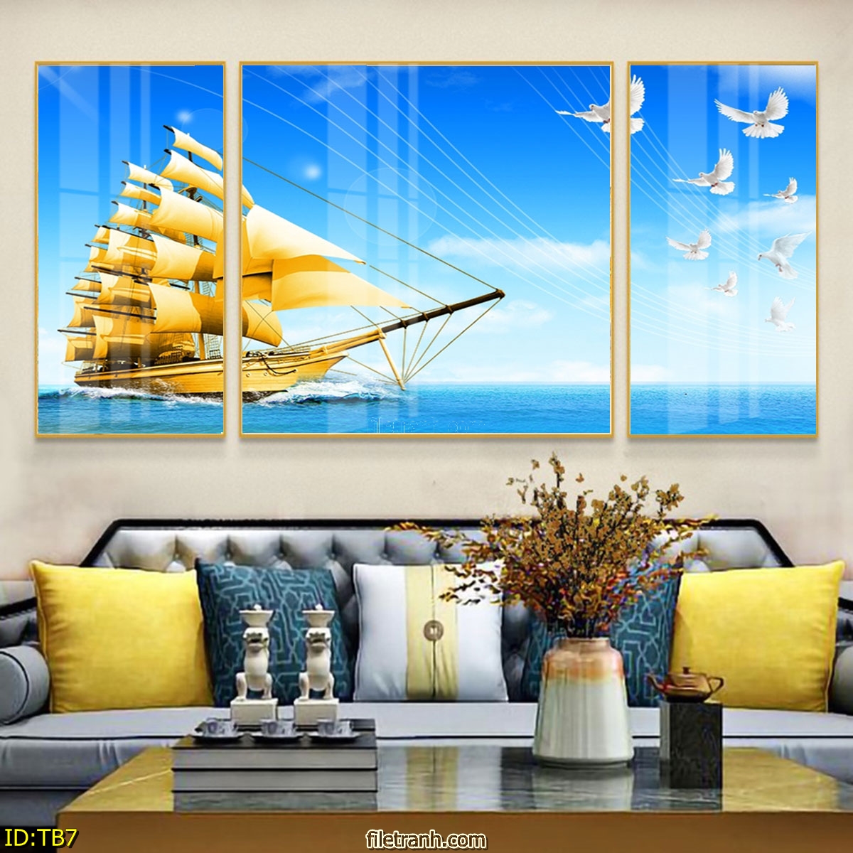 Tranh Canvas Giá Rẻ Hiện Đại - Tranh Bộ 3 Thuận Buồm Xuôi Gió Sang Trọng