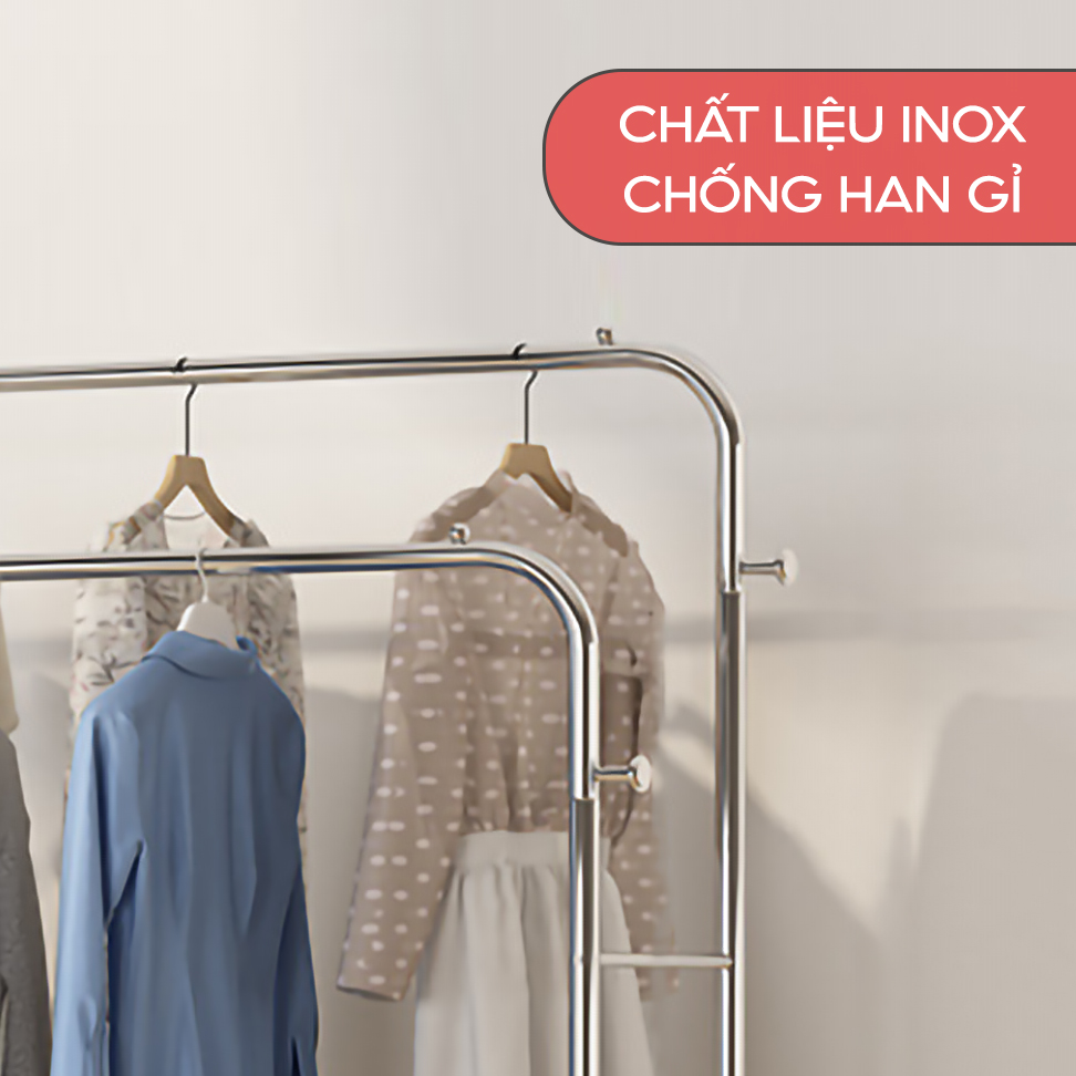 Giá Treo Quần Áo INOX Cao Cấp Chịu Lực 160kg Chắc Chắn Giá Kệ Phơi Đồ 2 Thanh Sức Chứa Lớn VANDO