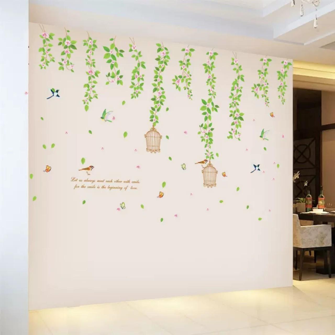 DECAL DÁN TƯỜNG DÂY LEO HOA TẦM XUÂN VÀ GIÀN XANH LÁ