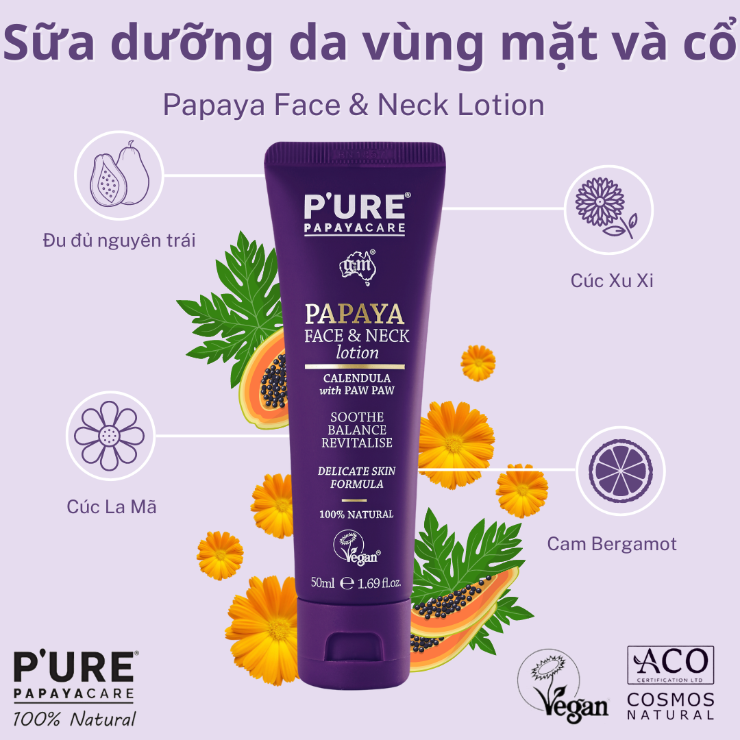 Sữa dưỡng da vùng mặt &amp; cổ P’URE Papayacare Papaya Face &amp; Neck Lotion 50ml