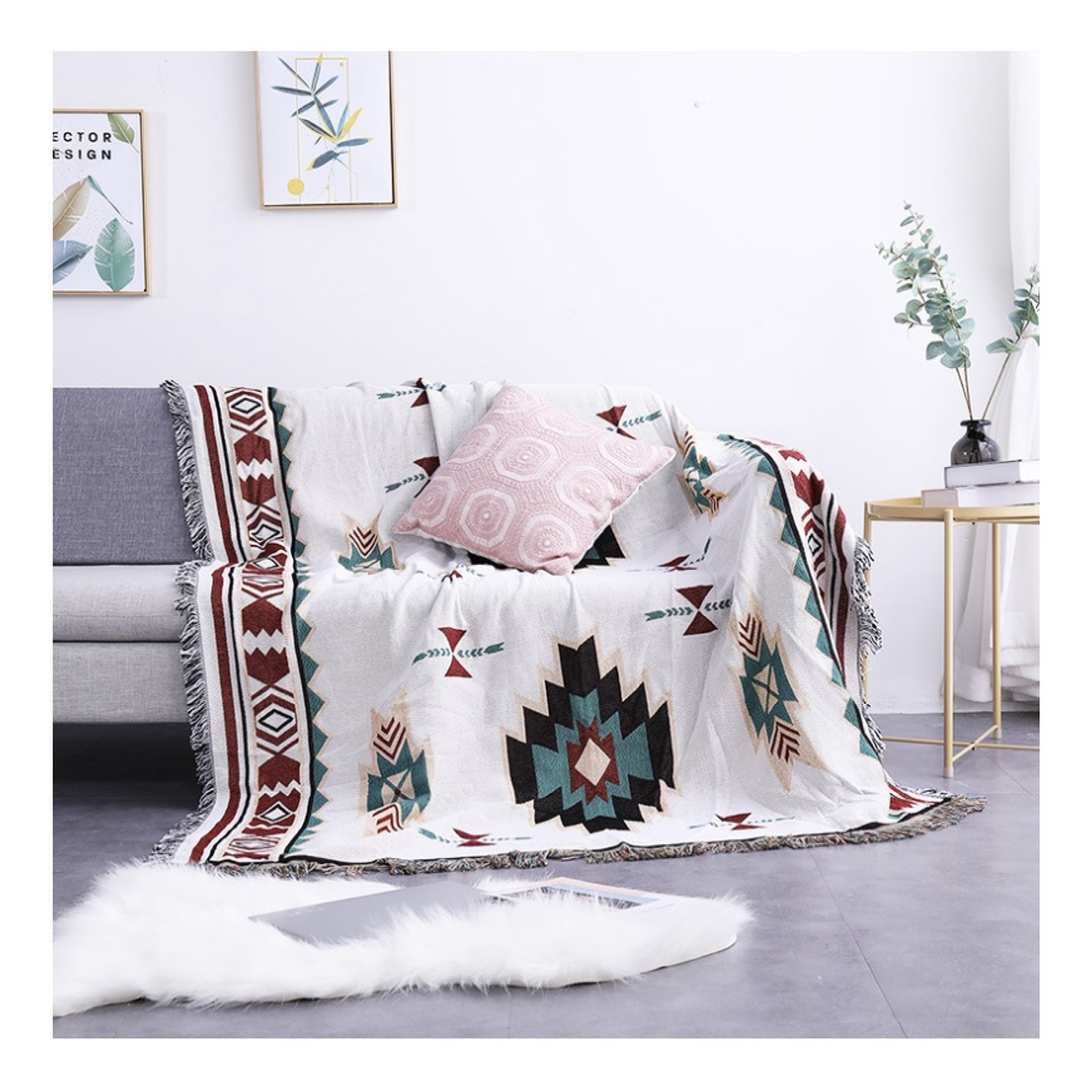 Thảm COTTON Phủ Sofa, Thảm Trang Trí Phòng Khách , Thảm Picnic HỌA TIẾT THỔ CẨM TRẮNG ĐỎ  SBK102