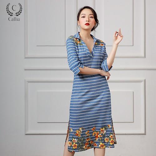 Đầm thun midi Callia cổ trụ Adie